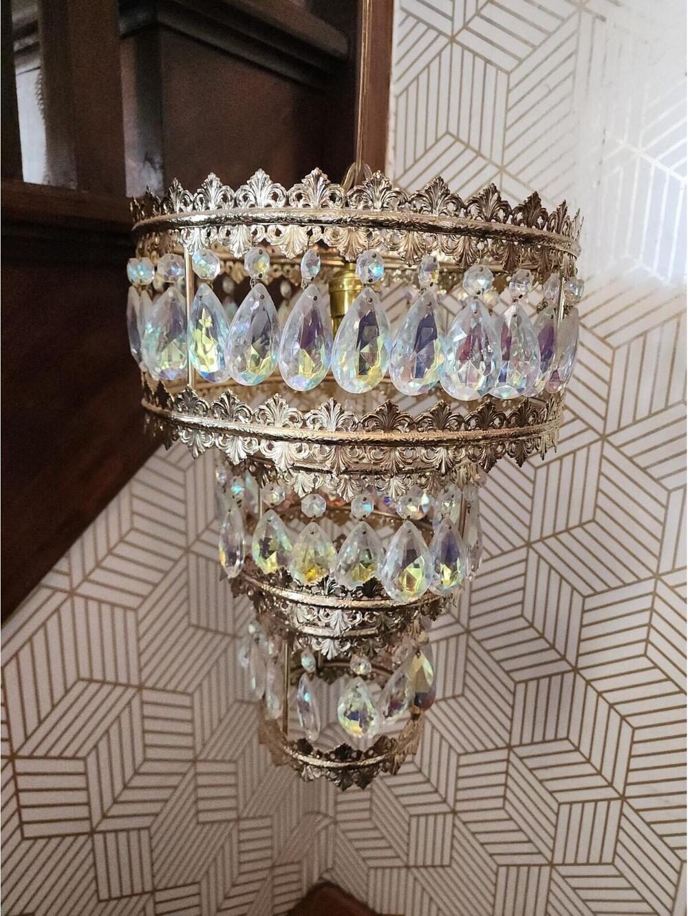 Vintage French Empire Style Swag Chandelier Brass Filigree with Crystal Prisms